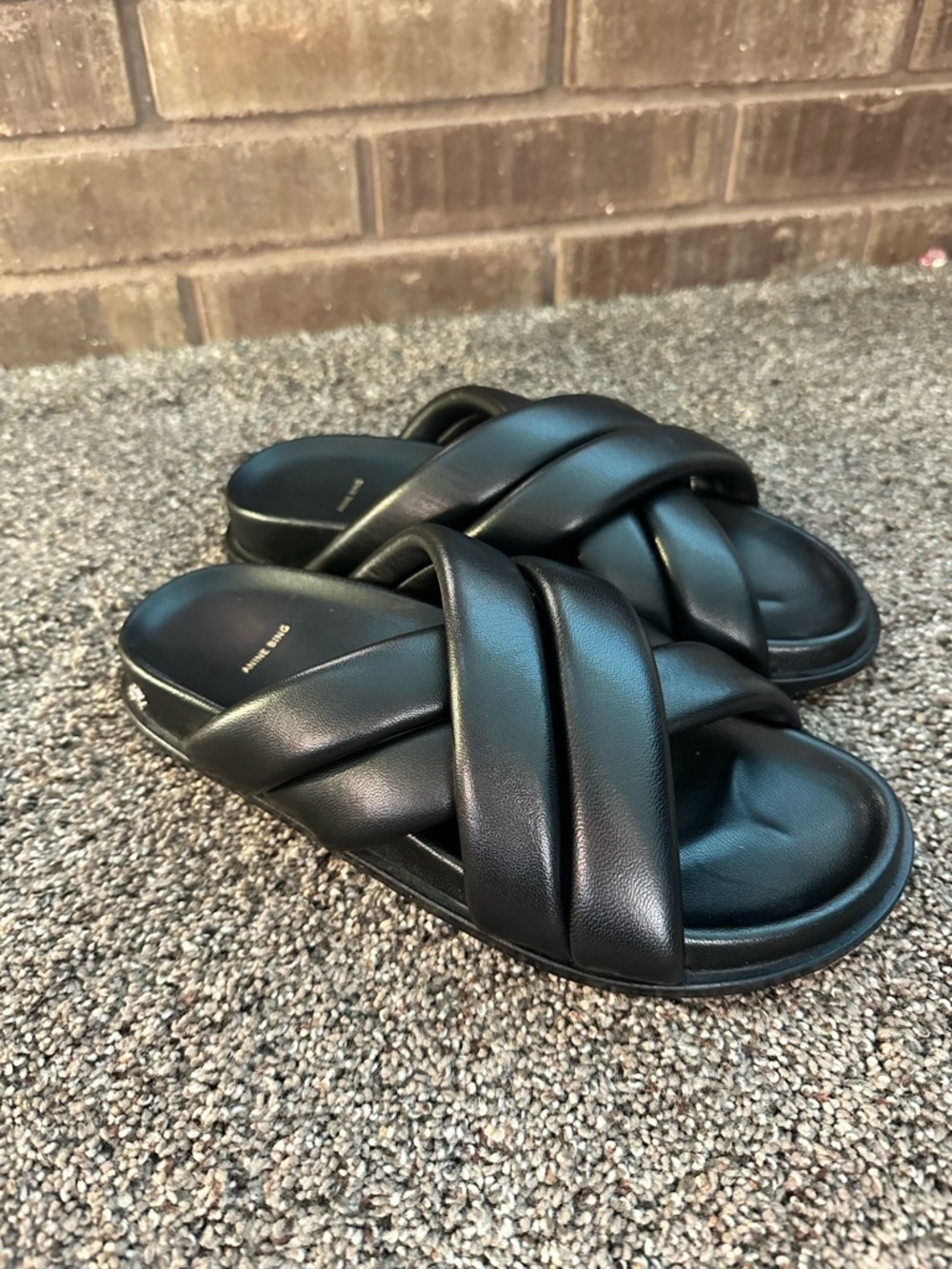 ANINE BING Black Leather Lizzie Slides Puffy Criss Cross Sandals EU 38 US 8 - Picture 3 of 9